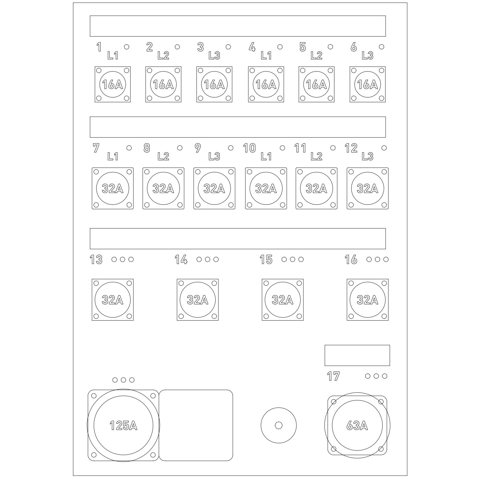 Type 3122 Distro (125A/3 - 1x 63A/3, 4x 32A/3, 6x32A/1, 6x16A/1)
