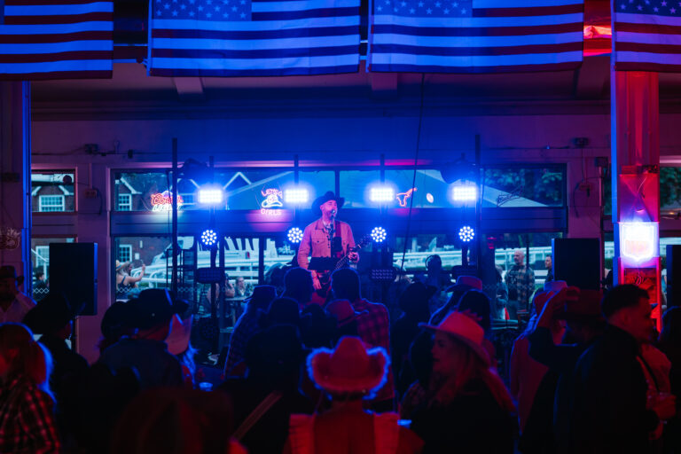 Country singer performing with stage lighting