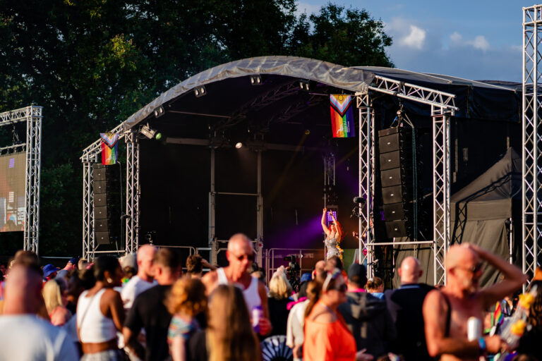 Main stage at Reading Pride 2023 with video wall and festival lighting by Fusion Sound & Light