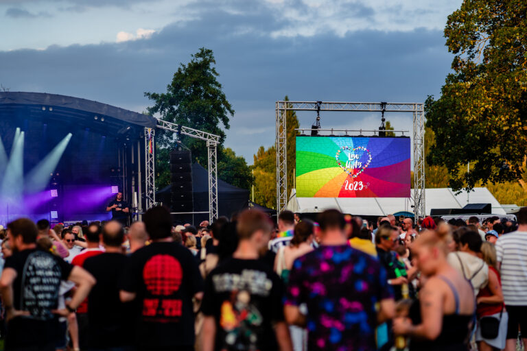 Video wall hire and stage lighting setup for Reading Pride LGBTQ+ celebration