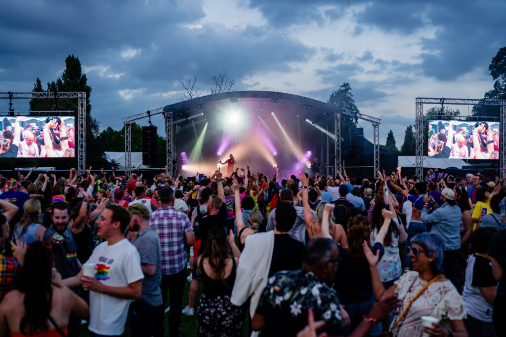 Crowd enjoying live music at Reading Pride with full event production setup