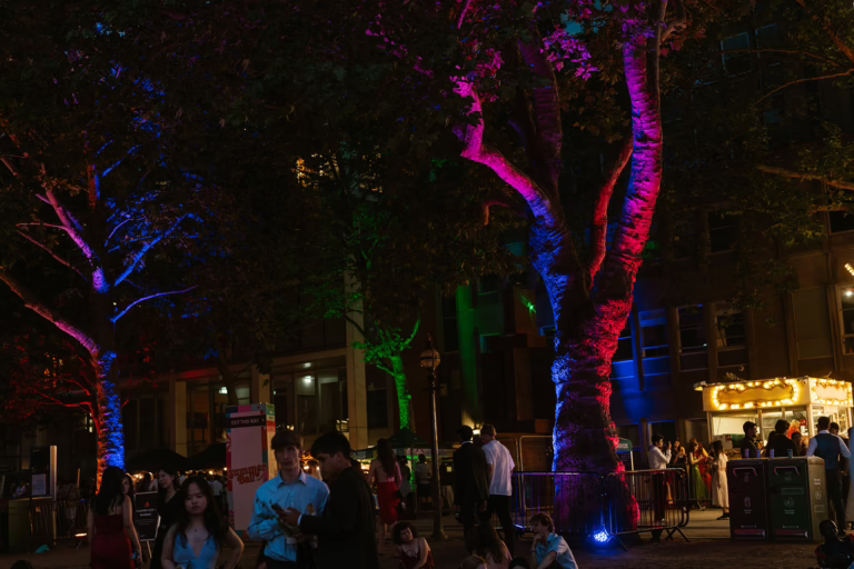 Architectural uplighting on Imperial College London campus buildings for event production