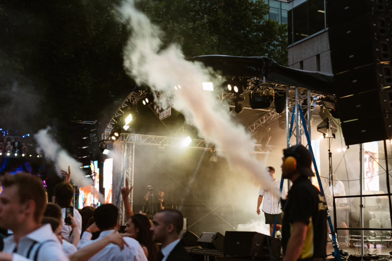 Festival-style stage production London with lasers, CO2 cannons and spark effects