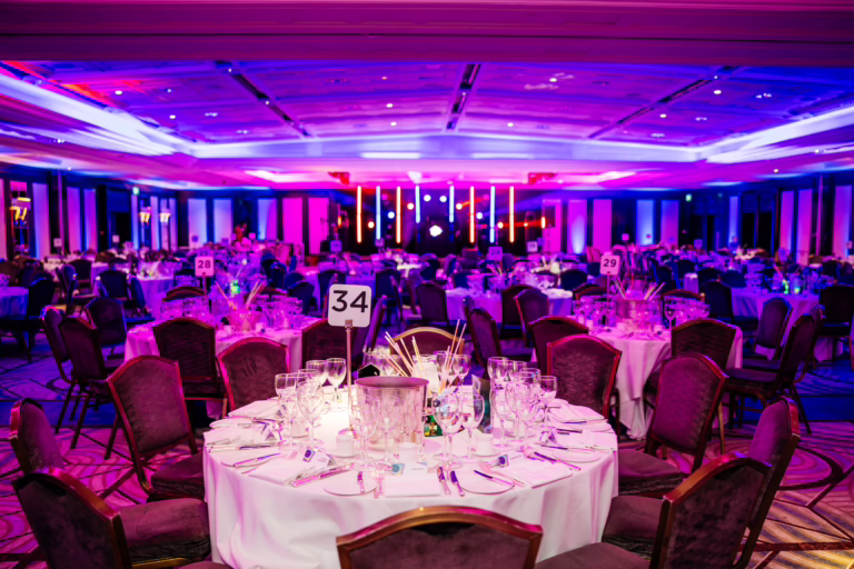 Christmas party seating with stage behind it