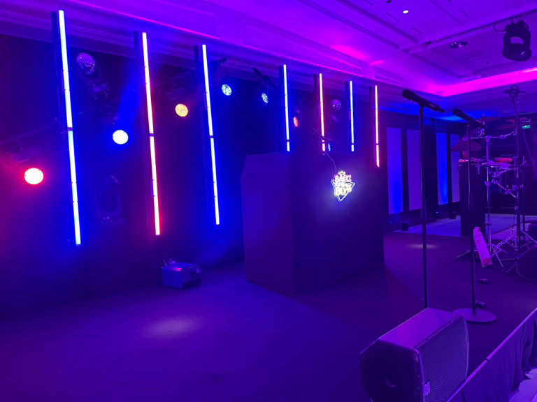 Close up of stage lighting and DJ booth